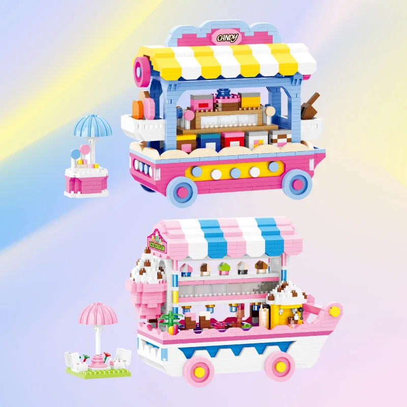 

Creative Ice Cream Car Micro Drill Building Block Mobile Car Shop Model Diagram DIY Building Block Assembly Candy Car Girl Toy