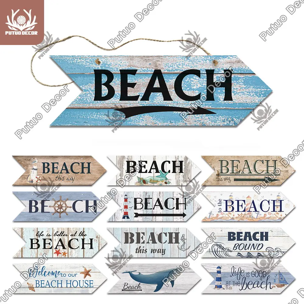 

Putuo Decor Beach Arrow Wooden Sign Wood Wall Plaque Beach Seaside Road Guide Wall Decoration Indicator Hanging Irregular Sign