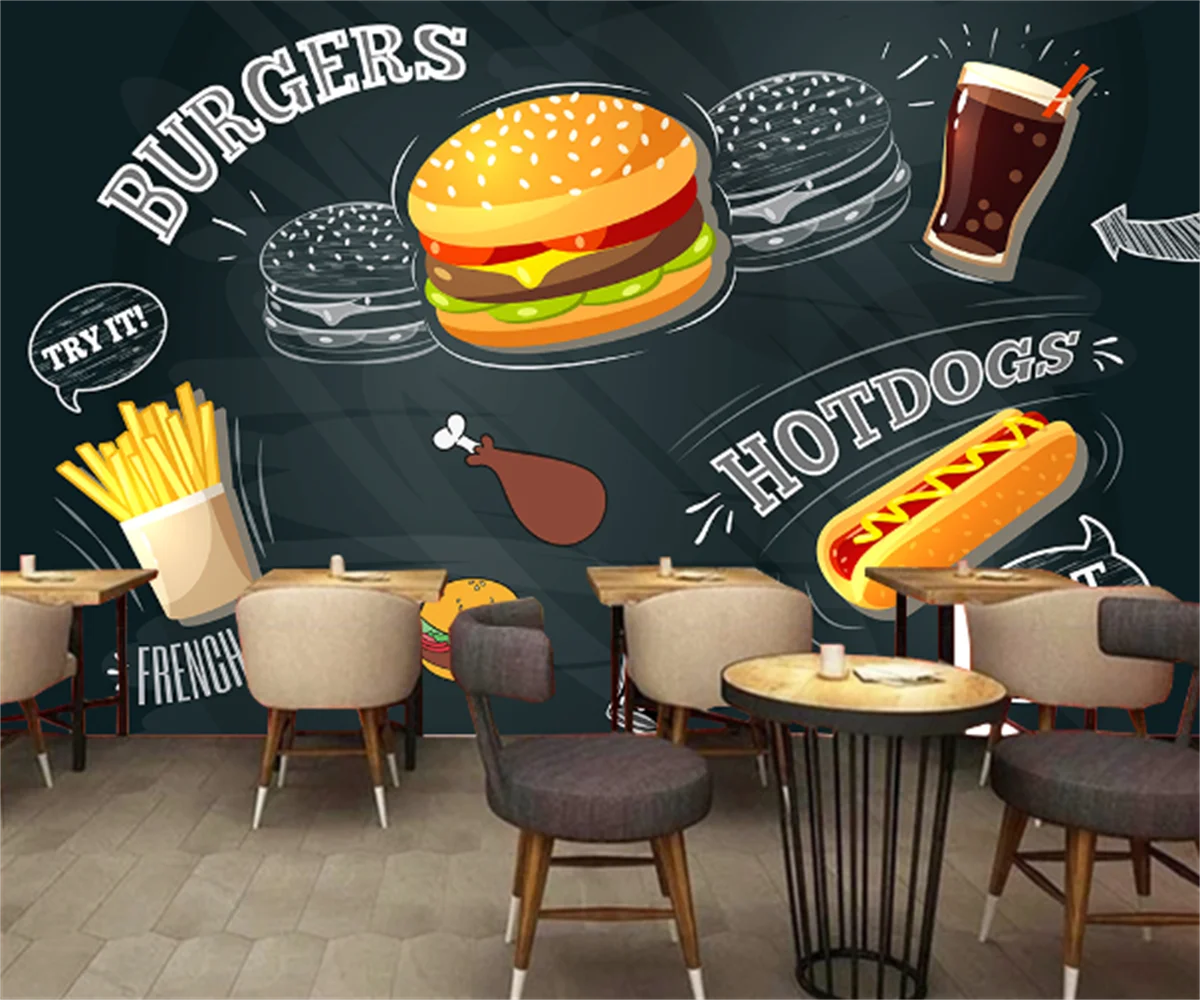 

European and American hand-painted hamburger fast food restaurant western restaurant background wall mural custom any size wall