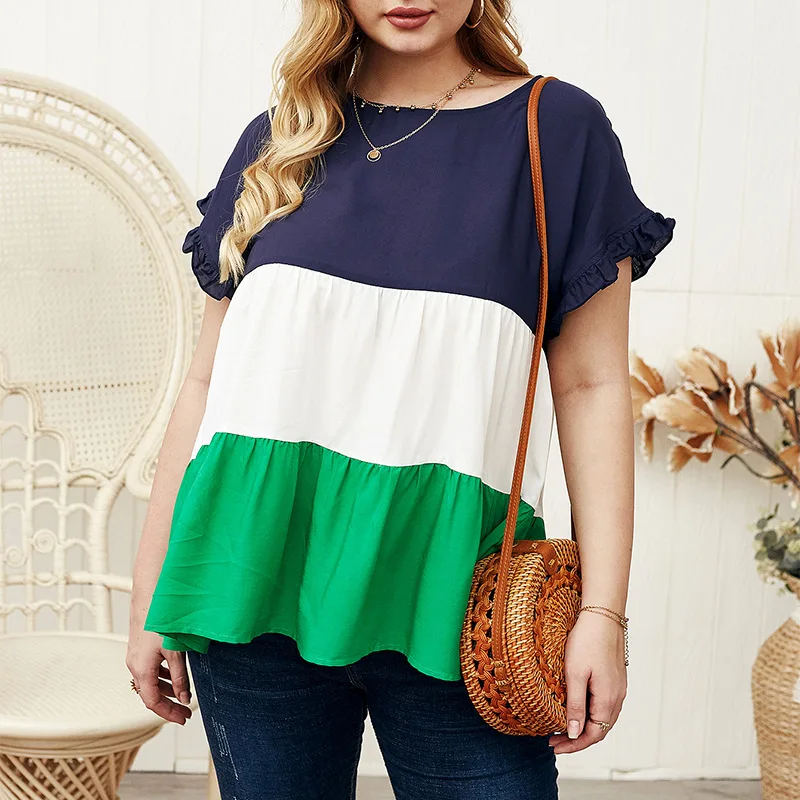 

2020 Summer Stitching Tops Loose Large Size American Women's Short-sleeved Temperament Elegant Wild Style Women Blouses