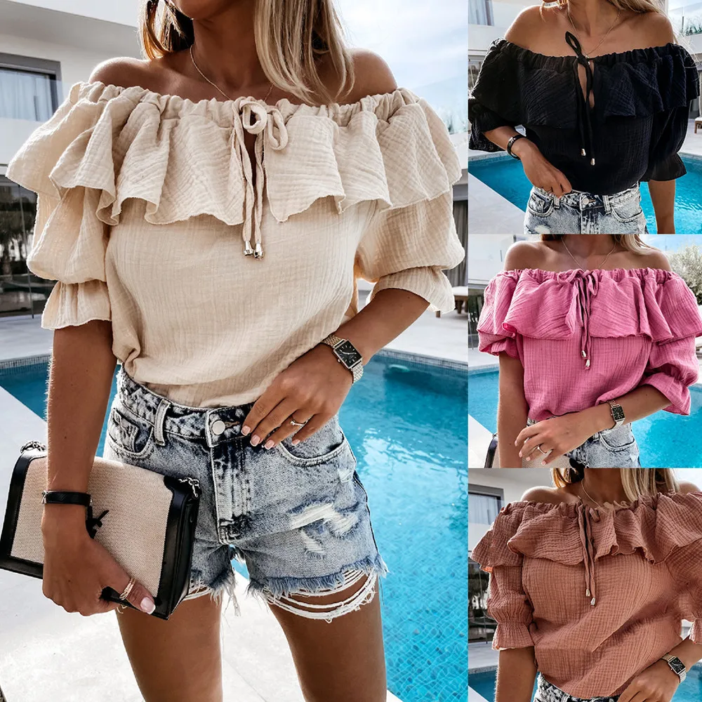 

2021 Summer One-Neck Fashion Solid Color Sexy Short-Sleeved Shirt Women Casual Lace-Up Hollow Out Ruffle Blouse Femme Blusas Top