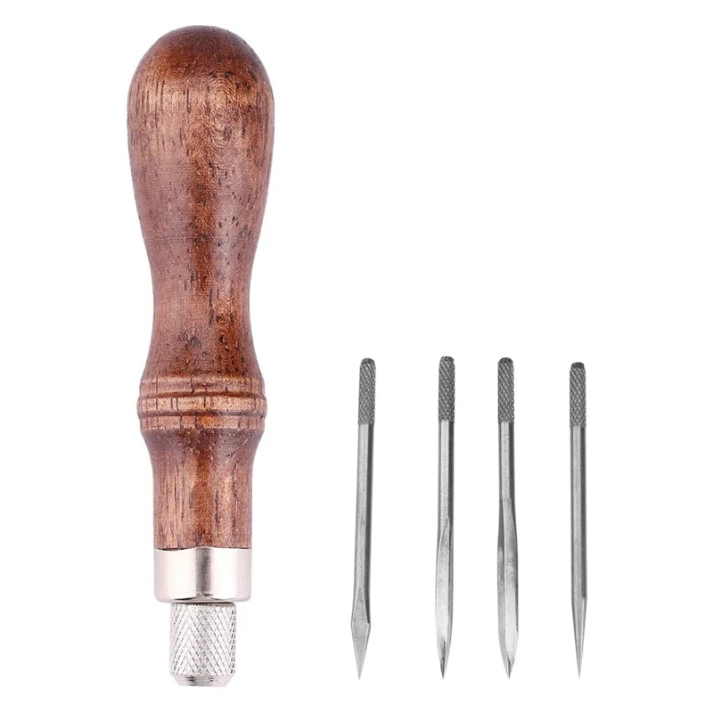 

Набор для шитья кожи 4 в 1 с деревянной ручкой, алмазным шилом, инструмент «сделай сам» для шитья кожи и ручного шитья