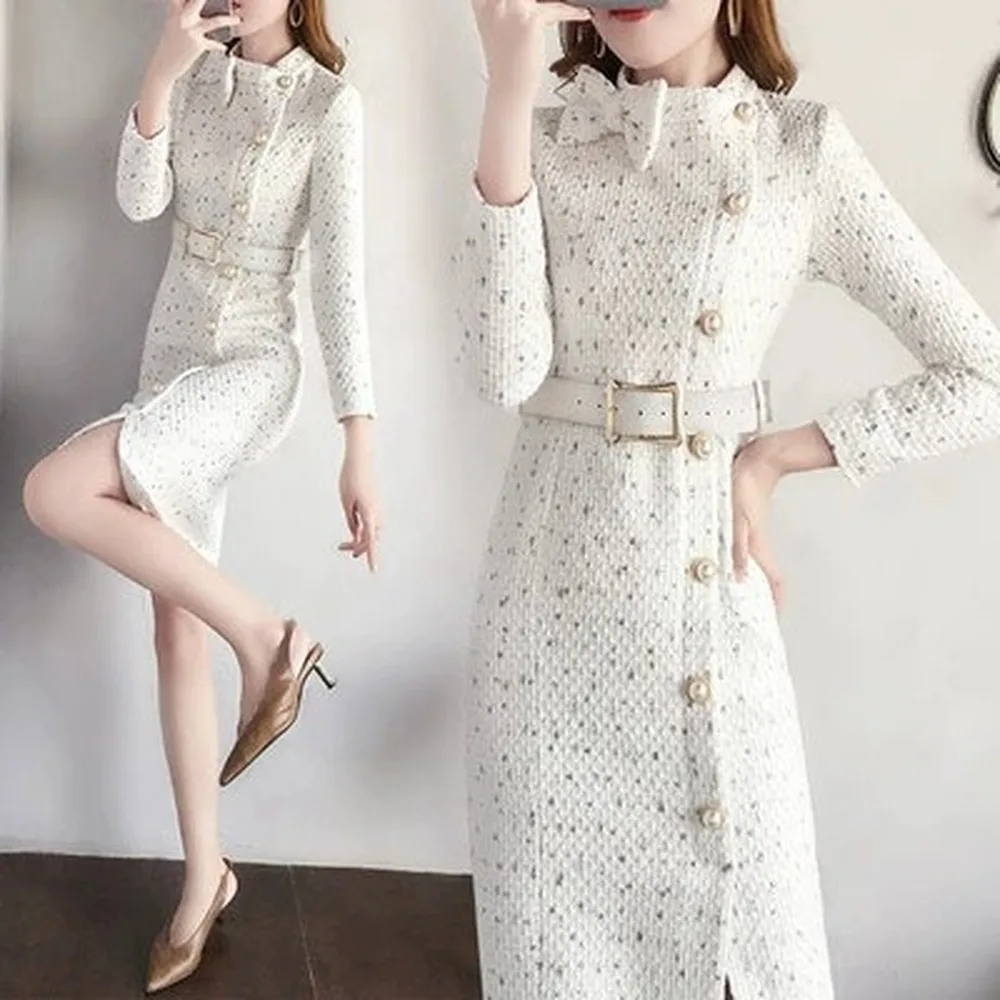 

2021 Fall And Winter Women Long Sleeve Tweed Dresses French Victorian Waist Slimming Woolen Solid Color New Female Chic Vestidos