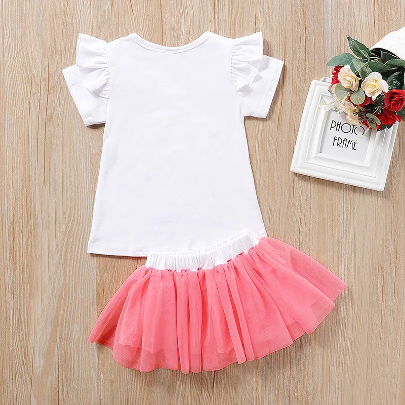 

New Girl's Skirt Suit Sweet Cartoon Children's Short-sleeved T-shirt Mesh Skirt 2-piece Set Fashionable Simple Fashion