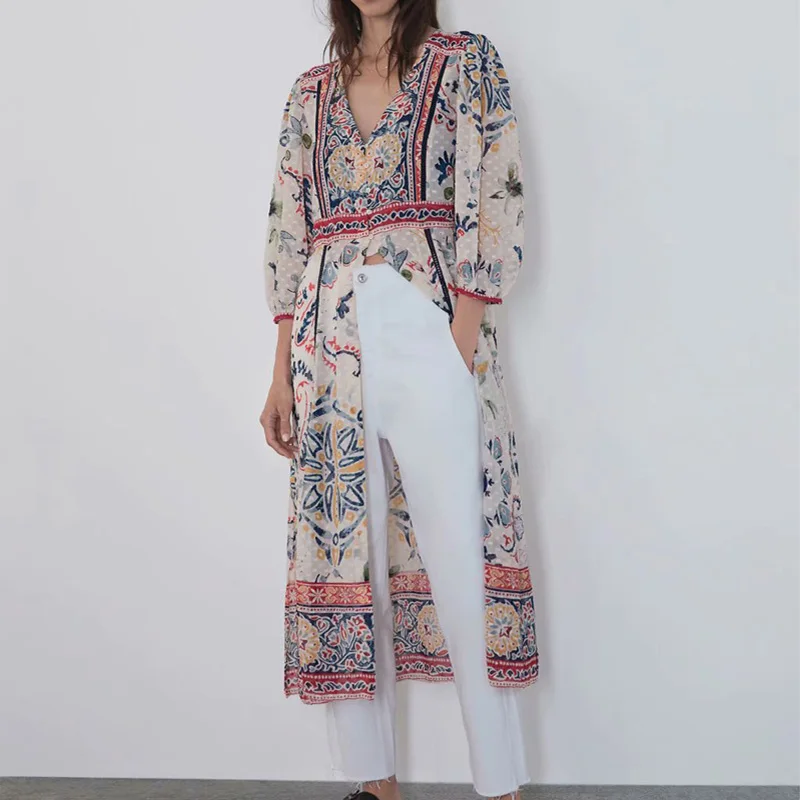 2019 повседневное осеннее женское платье с цветочным принтом v образным вырезом и