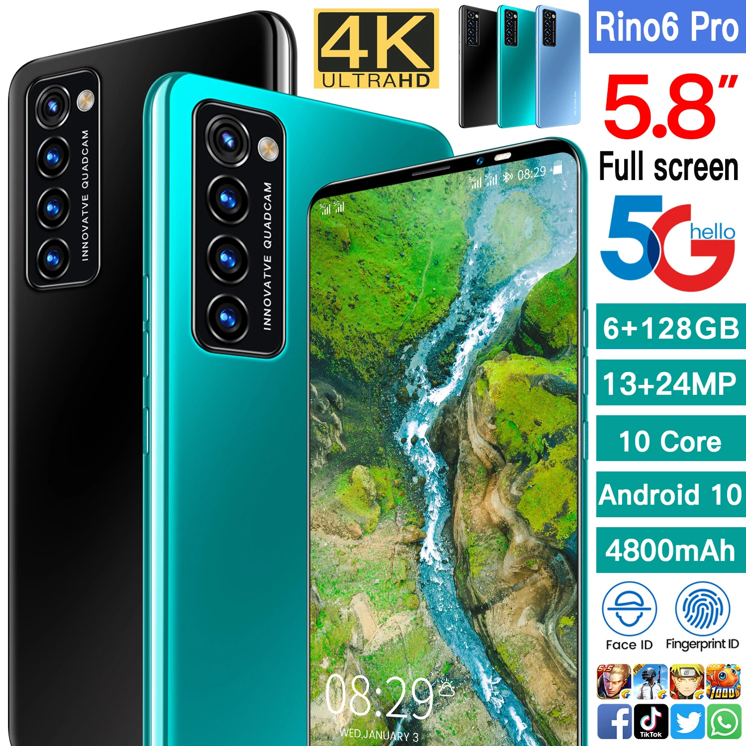 

Hot Sale Rino6 Pro 6 128GB 5.8 Inch HD Cheap Smartphones 5G 10 Core Andriod10 13+24MP Camera 4800mAh Dual SIM Face Unlock