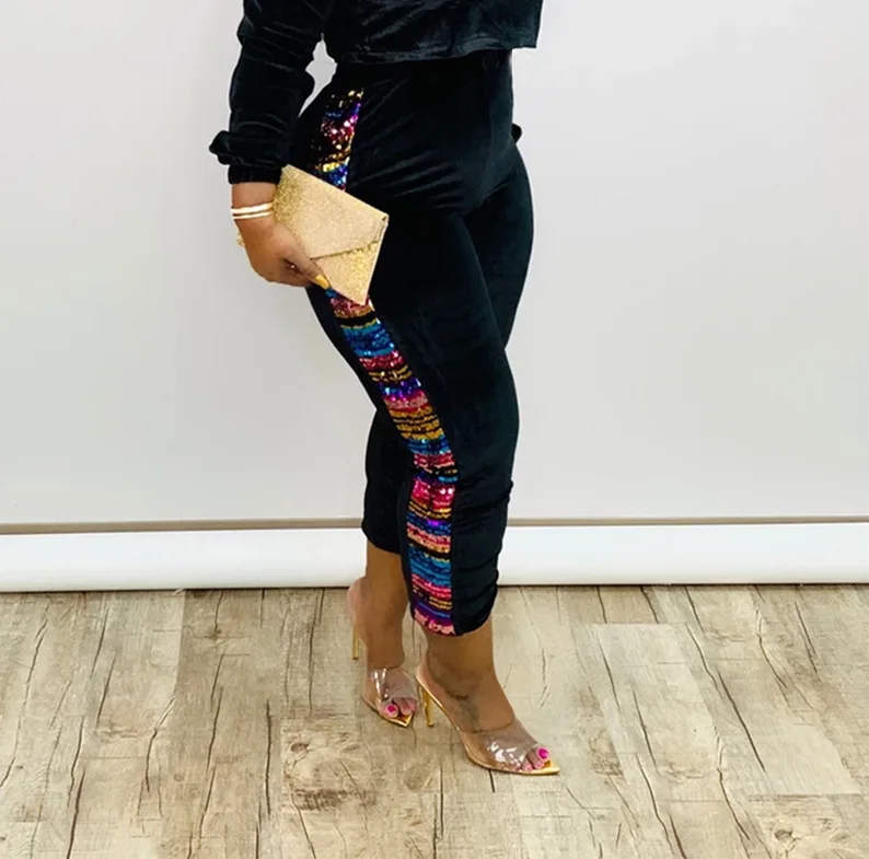 

36L8159 Autumn Winter Women Casual Fashion Sequins Print Golden Velvet Sports Pants Hot 2020