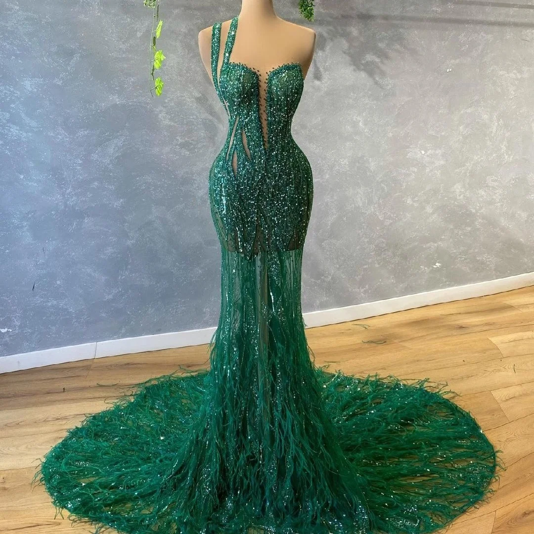 

Bling Bling Green Mermaid Evening Dress Sequins One Shoulder Feather Prom Gowns Custom Made Sweep Train vestido de novia