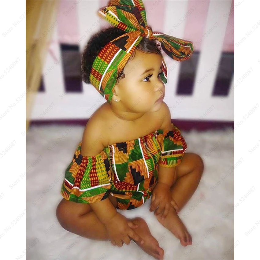 Baby Girls Party Dress African Clothing Children Bazin Riche Dashiki Fashion Dresses Kids Jumpsuit Printed Rompers with Headband |