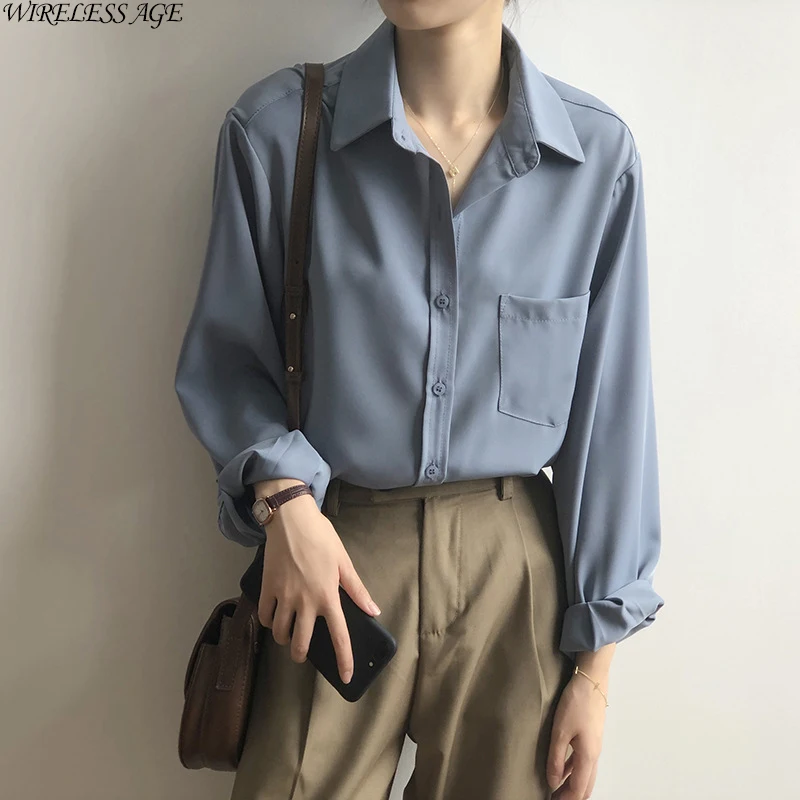 

WIRELESS AGE Shirt Women Long Sleeved Solid Color Simple Lapel Korean Chic Sexy Casual 2021 New Harajuku Fashion Daily Wild