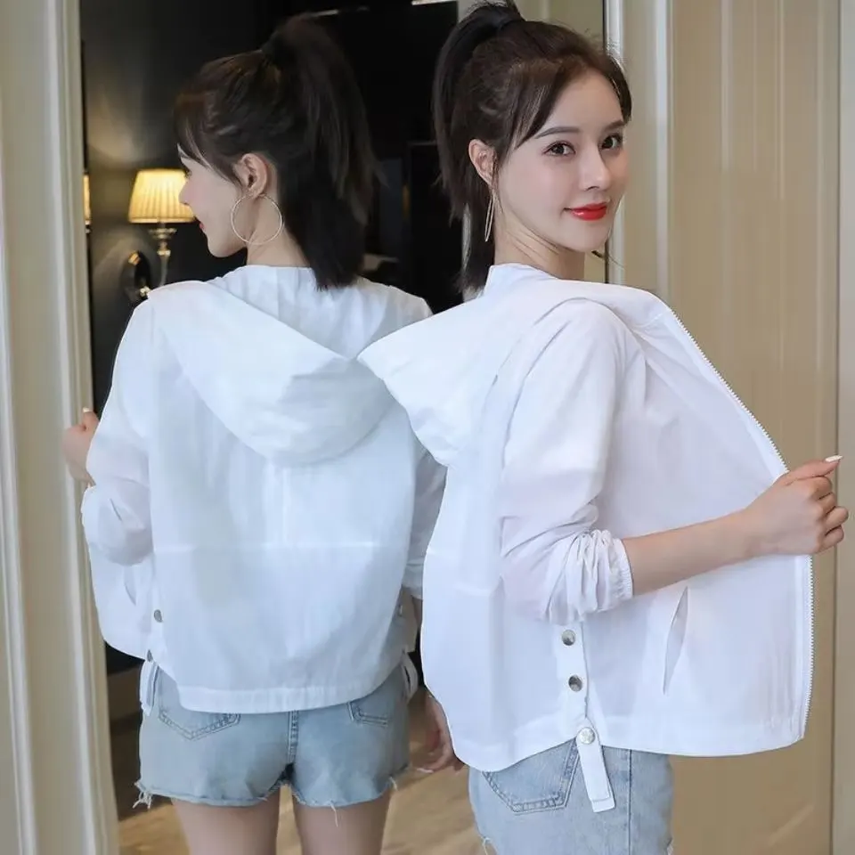 

Korean Style New Women's Spring Jackets 2021 Summer Oversized Sunscreen Clothing White Hooded Coat With Zipper Jacket Femme
