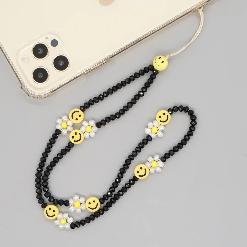 

Design Black Crystal Beads White Beaded Small Flower Wrist Phone Chain Strap