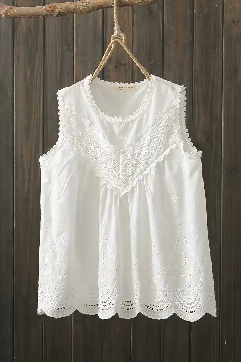 

2021 Patchwork Embroidered Cotton O Neck Solid Shirts Summer New Wood-eared Lace Sleeveless Vest Blouse Women