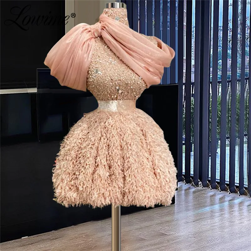 

Lowime Light Pink Short Evening Dresses Short Sleeves Knee Length Beaded Dubai Arabic Women Wedding Formal Party Gowns 2021 Robe