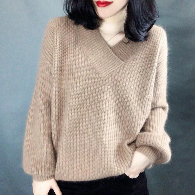 

women solid loose pullovers V neck kahaki lantern sleeve female sweater 2020 winter autumn casual pull jumpers jersey mujer