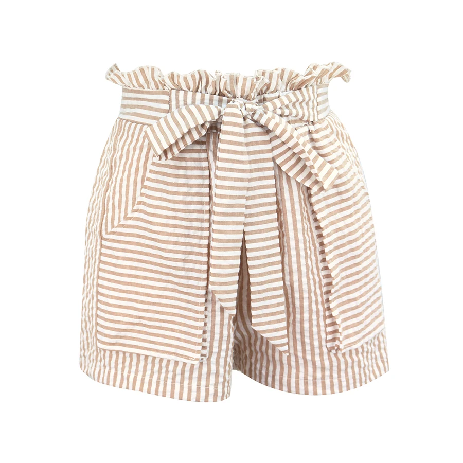 

Women's Cotton Linen Self Tie Short High Elastic Waist Pants Stripe Workwear With Pockets Frill Trim Shorts Trousers