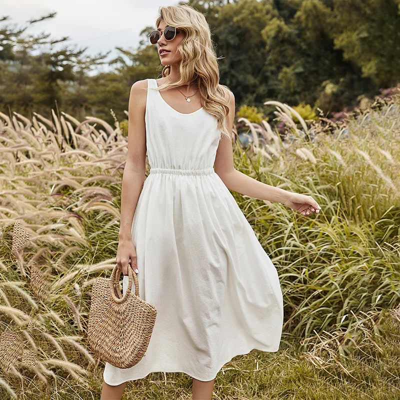 

2022 Prairie Chic Midi Dresses American Women French Romantic White Dress Spaghetti Strap O-Neck Mid-Calf A-line Dress LYQ161
