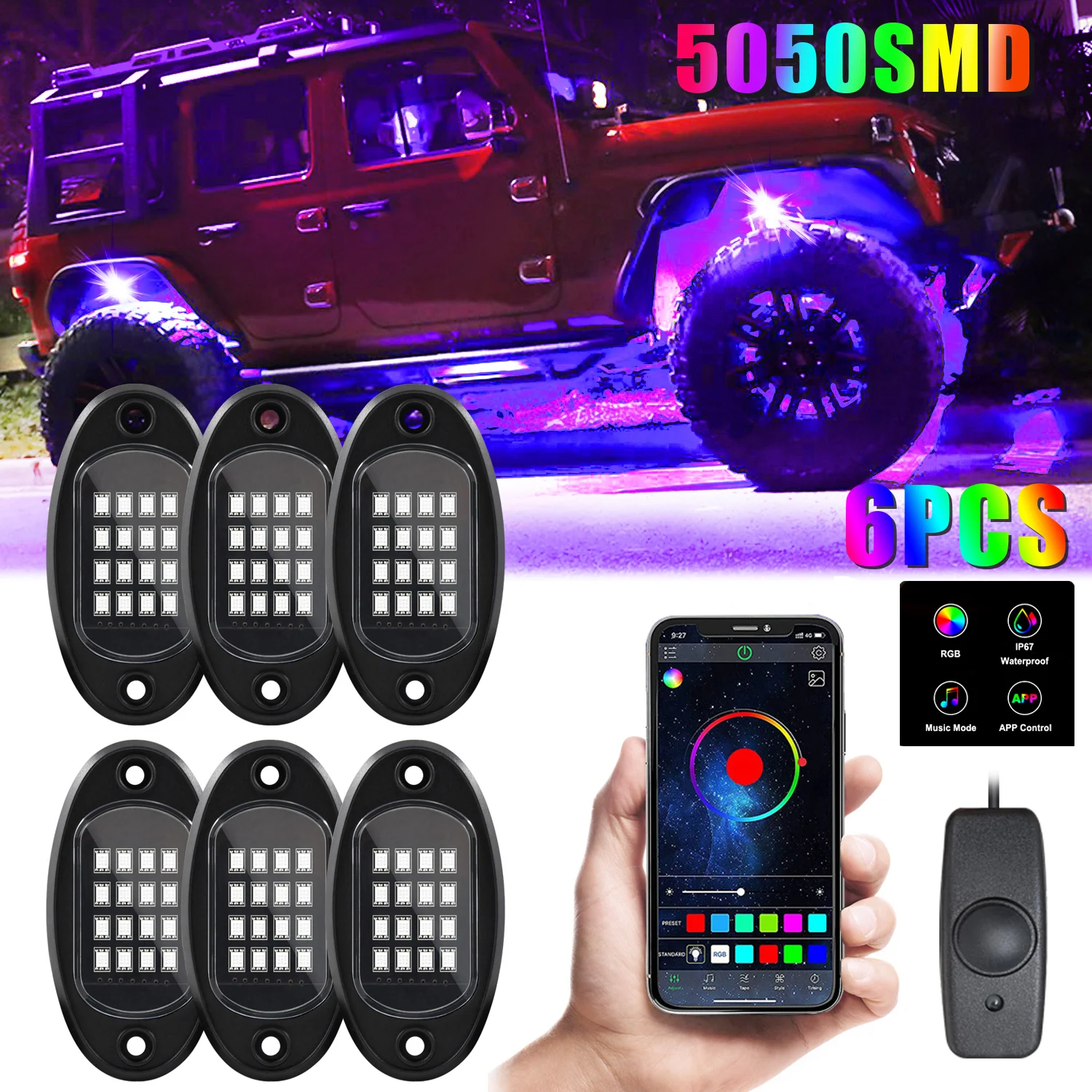 New 6 Pods RGB LED Rock Lights  Underbody Neon Chassis Light Accessories APP Control Chassis Decorative Music Lamps for Jeep