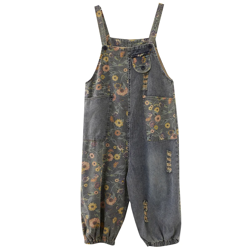 Casual Loose Plus Size Jeans Jumpsuits Women Spring Autumn Print Floral Denim Overalls Wide Leg Dungarees Straps Baggy Pants