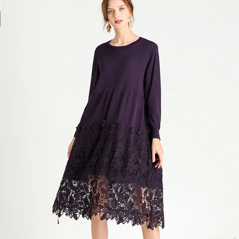 

2020 Autumn embroidery dress lace crochet Female hollow out knitted elegant Mid-Long dress plus size beautiful longos vestidos