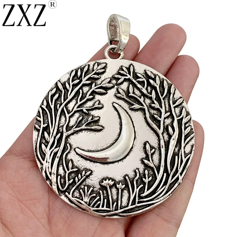 

ZXZ 1 Piece Tibetan Silver Boho Large Tree and Moon Round Charm Pendant for Necklace Jewelry Making Accessories 64x64mm