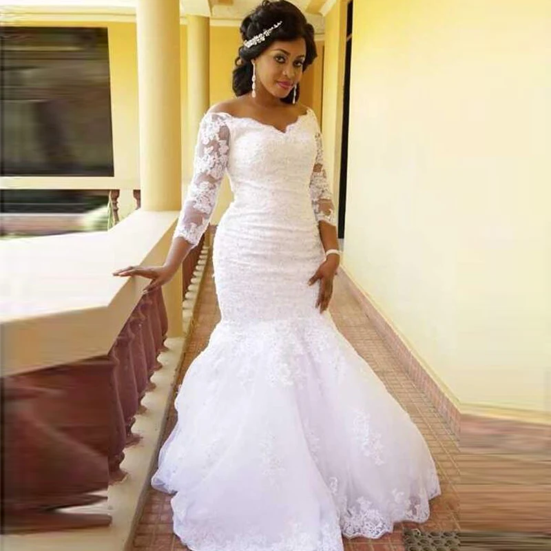 

Женское платье с юбкой-годе, свадебное платье с длинным кружевным рукавом и круглым вырезом, модель 2020