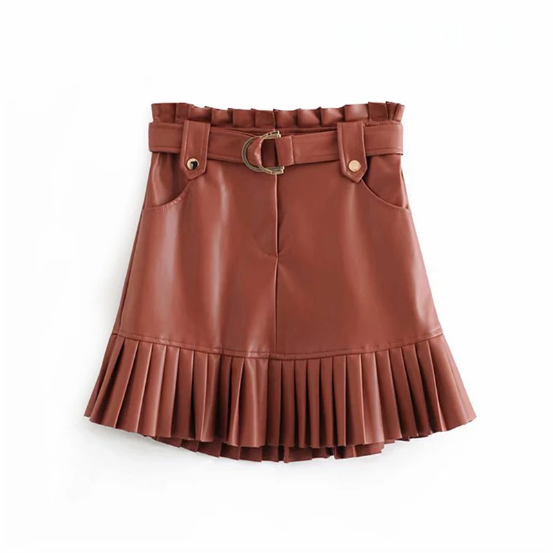 Женская шикарная плиссированная юбка из искусственной кожи 2020 с поясом на талии