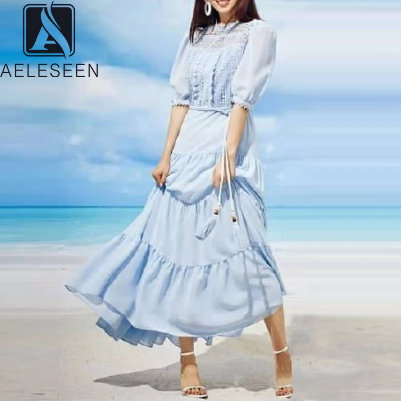 

Женское кружевное платье AELESEEN, подиумное Длинное Элегантное платье с рукавами-фонариками и цветочной вышивкой, 2021