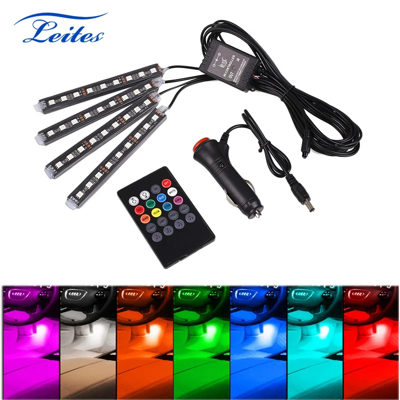 

4Pcs Car Interior LED Light 36LEDs Colorful Atmosphere DC 12V Cigarette Floor Decorative Strip Underdash Lighting Foot Lamp USB