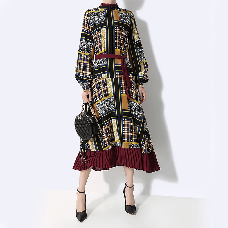 [EAM] Women Pattern Print Pleated Hit Color Dress New Stand Neck Long Sleeve Loose Fit Fashion Tide Spring Autumn 1A884