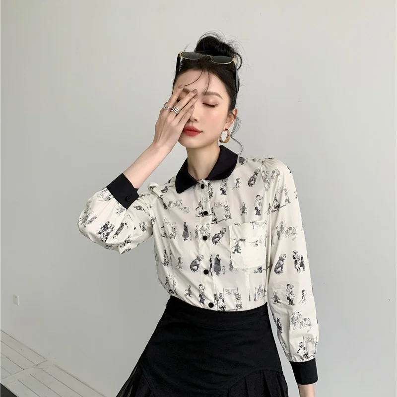 

Korejepo Women Blouse 2021 Summer New Fashion Retro Printed Contrast Color Turn-down Collar Long-sleeved Single Breasted Shirt