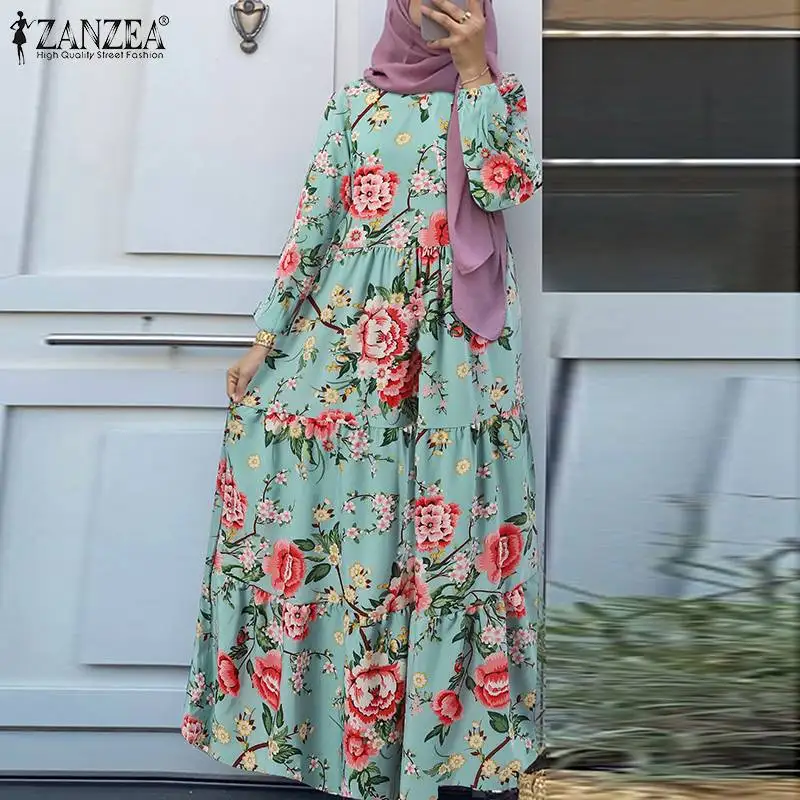 

ZANZEA Casual Muslim Floral Printed Maxi Sundress Women Elegant Bohemian Long Puff Sleeve Dress Autumn Dubai Turkey Robe Abaya