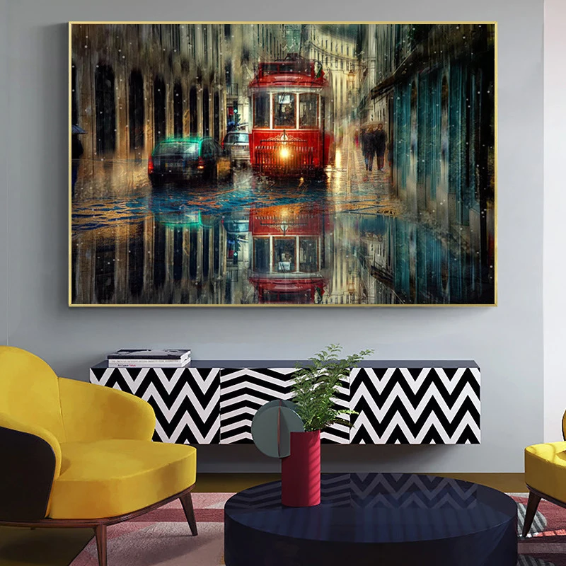 

Large Retro Tram Rain City Street Oil Painting Graphic Artwork Canvas Poster and Print Wall Art Pictures for Living Room Cuadros