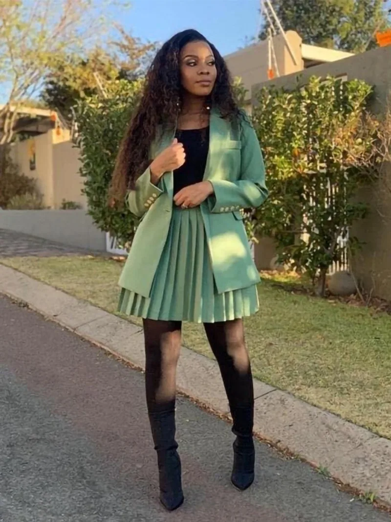 

Женский офисный костюм из двух предметов, однотонный блейзер и плиссированная юбка с длинным рукавом, 2023