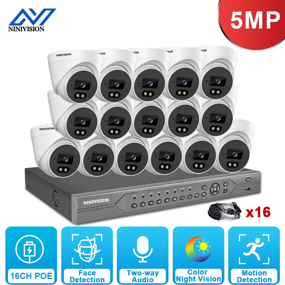 

NINIVISION H.265+ 16CH 4K HD 5MP Security Camera NVR Kit Full Color Night Vision POE IP Camera CCTV Video Surveillance System