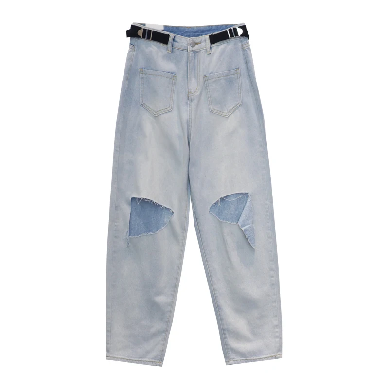 

Spring and Autumn Korean Style 2021 New High Waist Loose Design Ripped Beggar Pants Cropped Wide-Legged Jeans Women's Fashion
