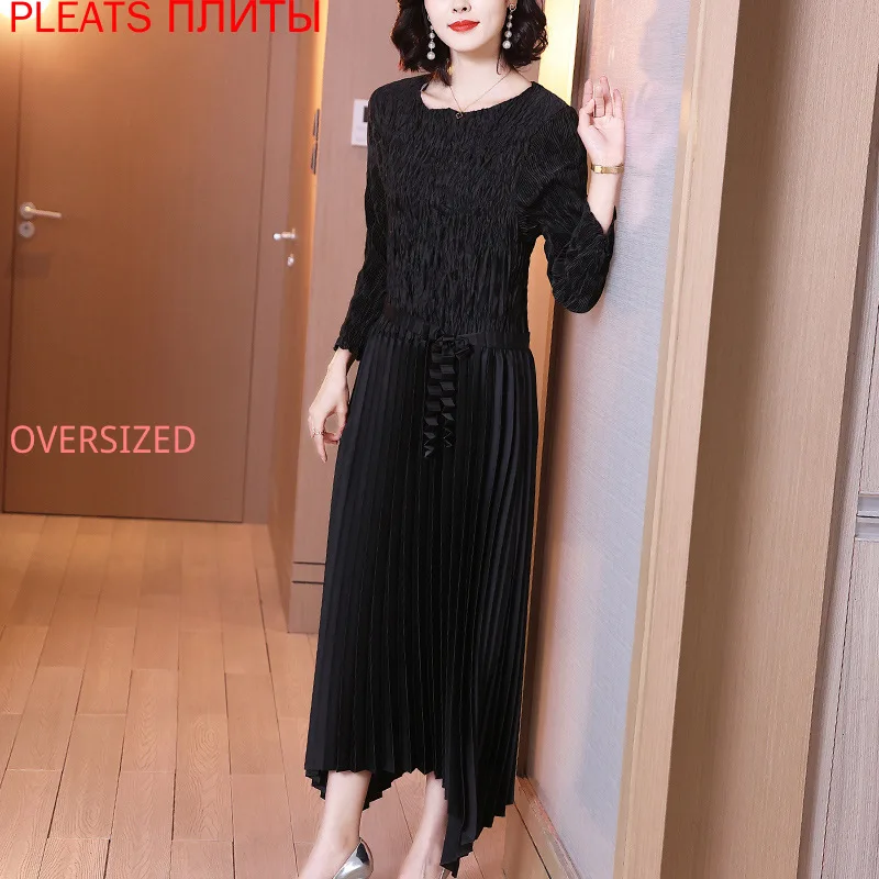 

Slim Slimming Temperament Dress Spring New Female Mid-length Plus Size Dress MIYAKE Pleated Vestido Fashion De Mujer Robes Robe