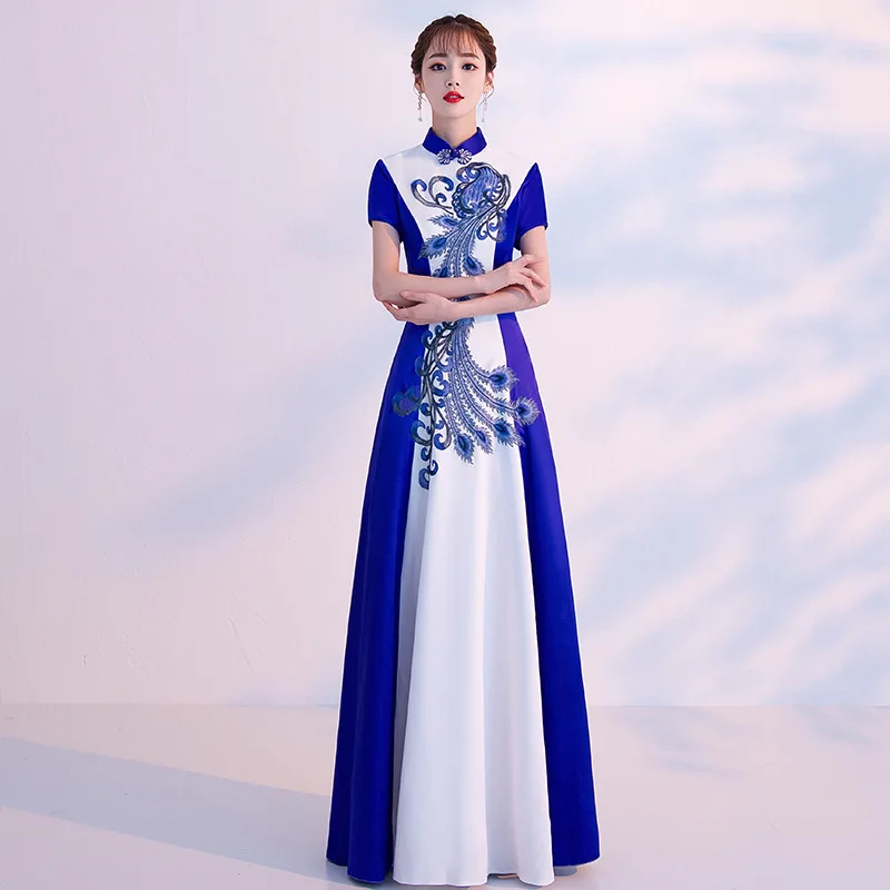 

slim Standing collar Blue and white porcelain improved cheongsam Embroidery Chinese evening dress Vestidos Size S-XXL