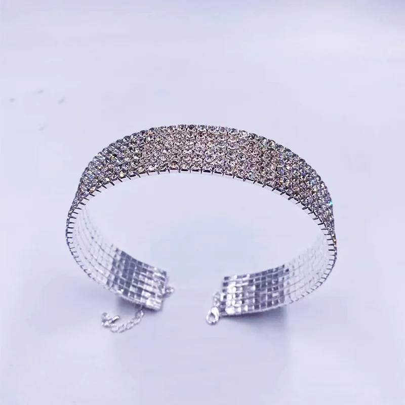 

European and American Fashion Women's Rhinestone Necklace Jewelry Elegant Six-drain Diamond Necklace Ultra-wide Clavicle Chain