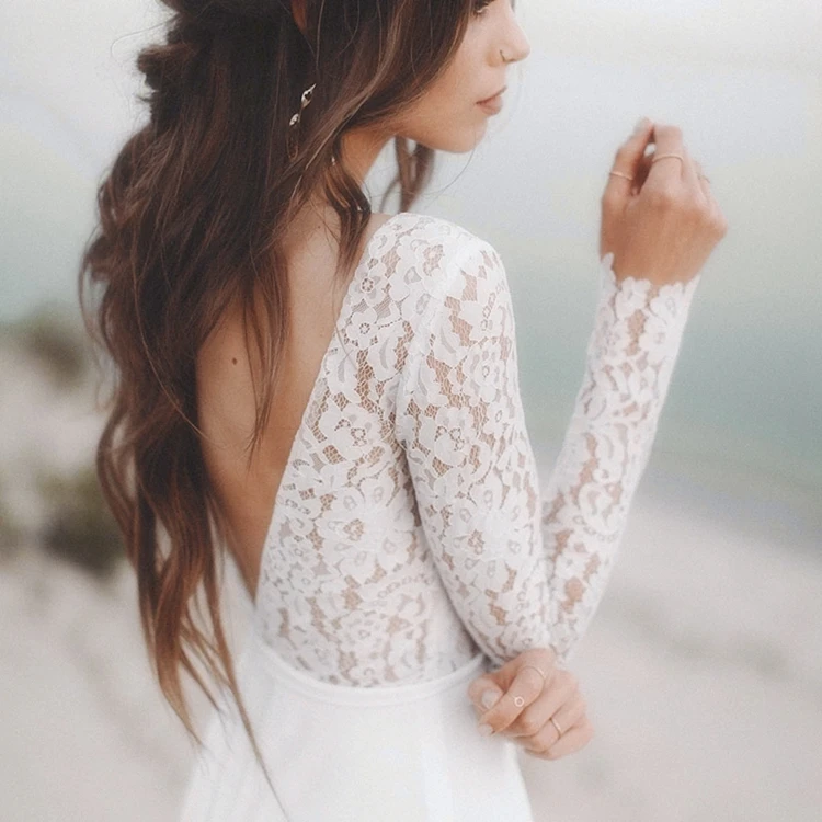 Lace Long Sleeve Boho Pre Wedding Shoot Dress Beach A Line Backless Customized Bridesmaid Gowns Factory 2021 New Spring #3049