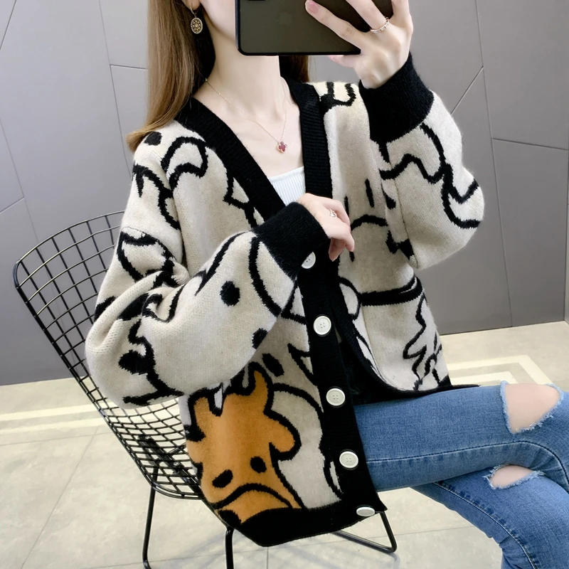 

21227 (hall 9 ranked no. 1) solid row v-neck pocket cartoon knitting cardigan [1359] 50