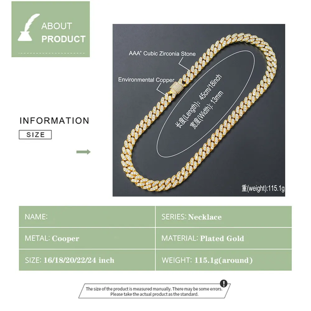 

New 13mm Fashion Miami Cuban Necklace Full Iced Out Cubic Zirconia Necklace Hip Hop Rapper Rock Jewelry Gift