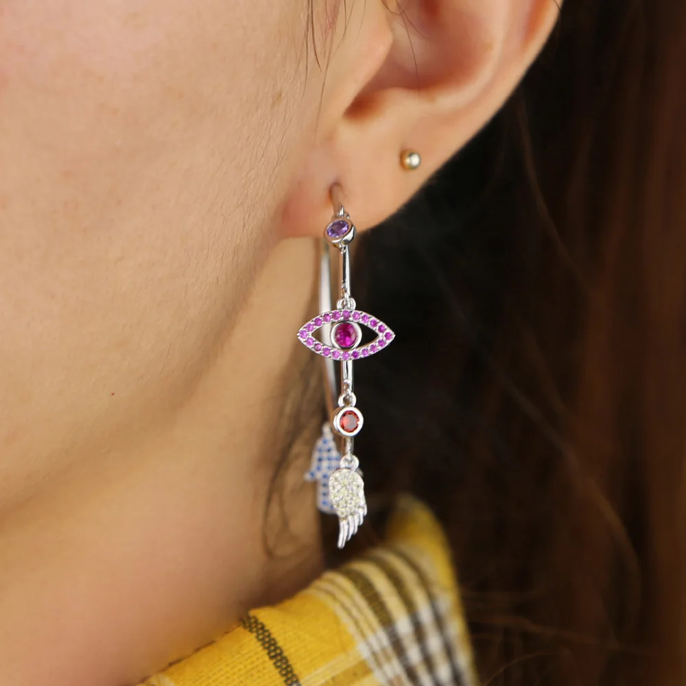 Evil eye wing fatima's hand Роскошные Потрясающие богемные европейские женские Серьги Красочный инкрустированный цирконами Подвески на удачу серьги-кольца