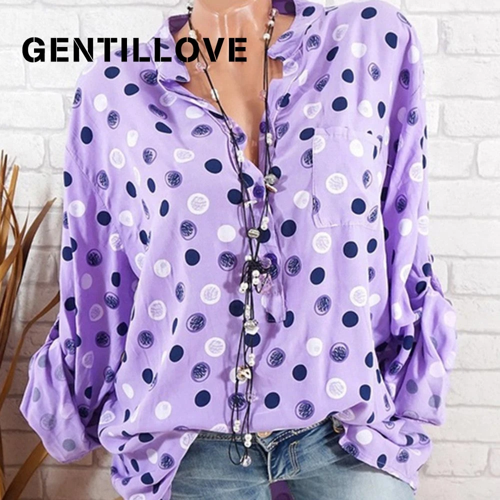 

Gentillove Summer Women Long Sleeve Dot Print Blouses Office Lady Loose V Neck Beach Shirt Casual Tunic Plus Size 5XL Blouse