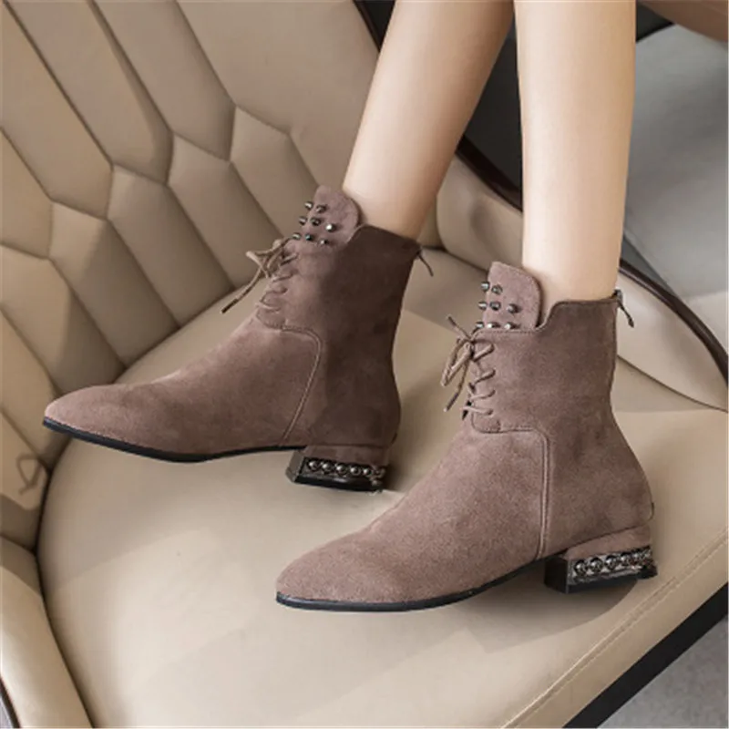 

Autumn Winter Fashion Women Lace-up Rivet Ankle Boots Casual Faux Suede Pointed Toe Thick High Heels Zip Shoes Woman black