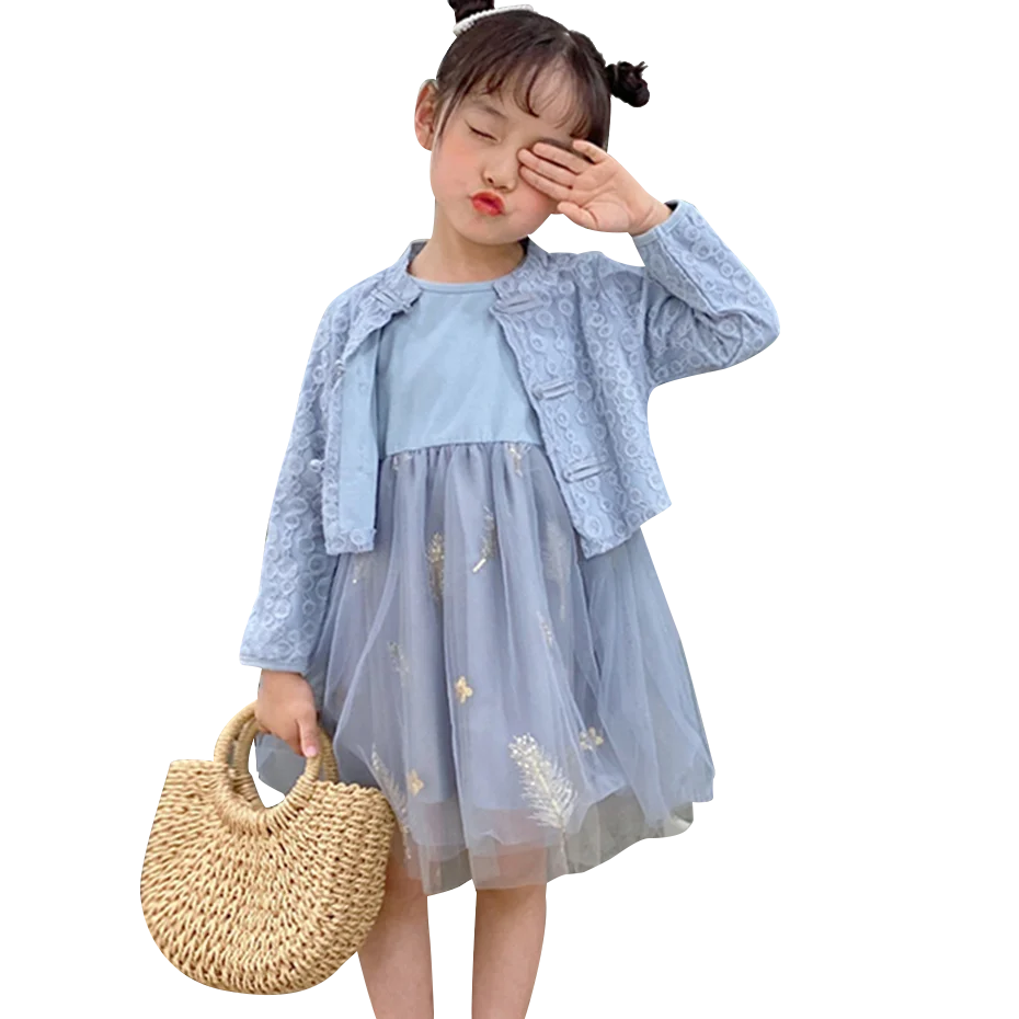 Одежда для маленьких девочек Сетчатое платье + куртка комплекты одежда в