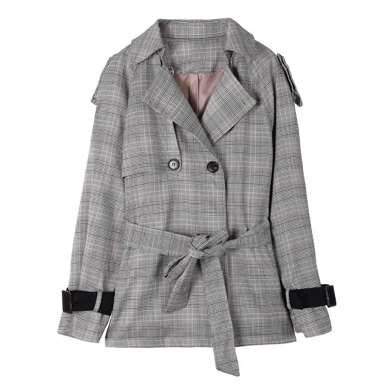 

Spring Autumn Plaid Short Trench Coat for Women Double Breasted with Belt Female Trenchcoat Women Outerwear