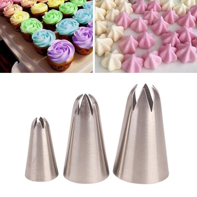 

Curved 6-Tooth Decorating Nozzle 3-Piece Set 3PCs Rose Stainless Steel Cake Cream Decorative Baking Tools