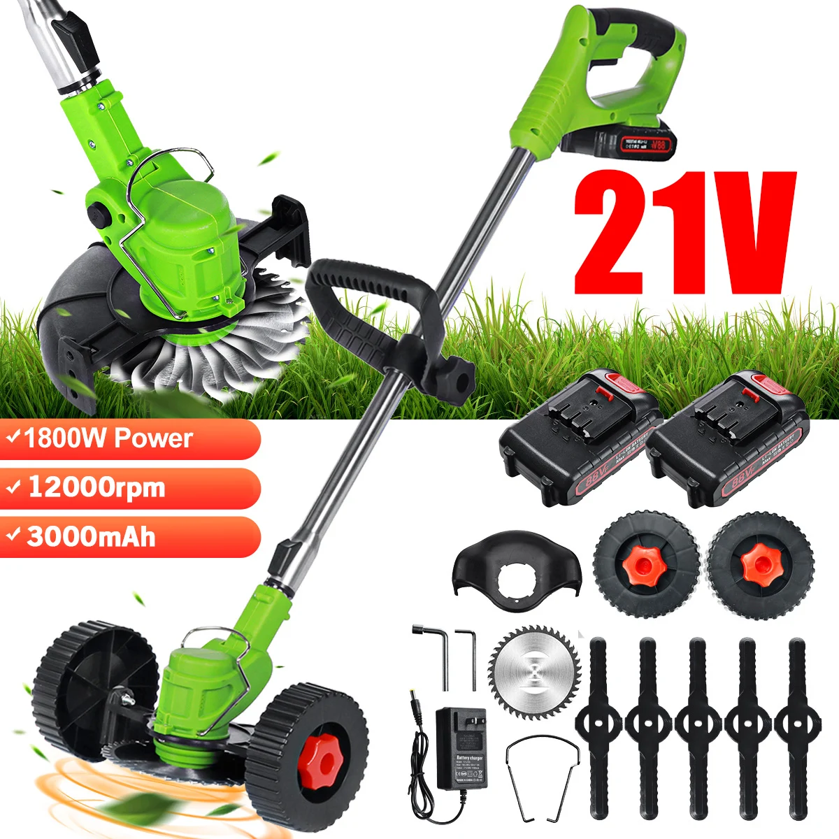 1800W 21V Cordless Electric Grass Trimmer Lawn Mower Weeds Brush Length Adjustable Cutter Garden Pruning Tool With 2 Battery