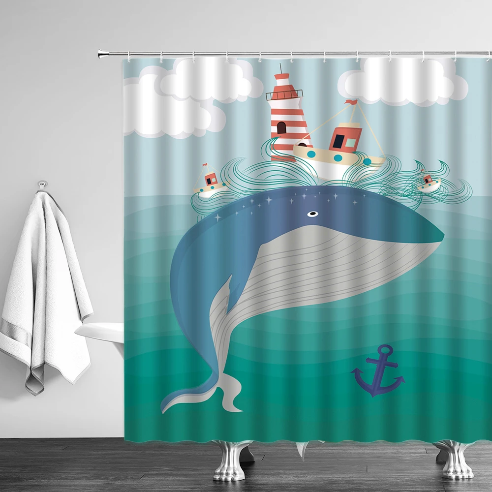 

Shower Curtain Funny Ocean Whale Dolphin Jellyfish Sea Waves Cartoon Kids Bathroom Decor Ocean Animals Waterproof Cloth Curtains